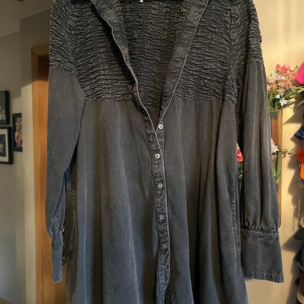 Black Button-Up Long Sleeve Shirt Dress